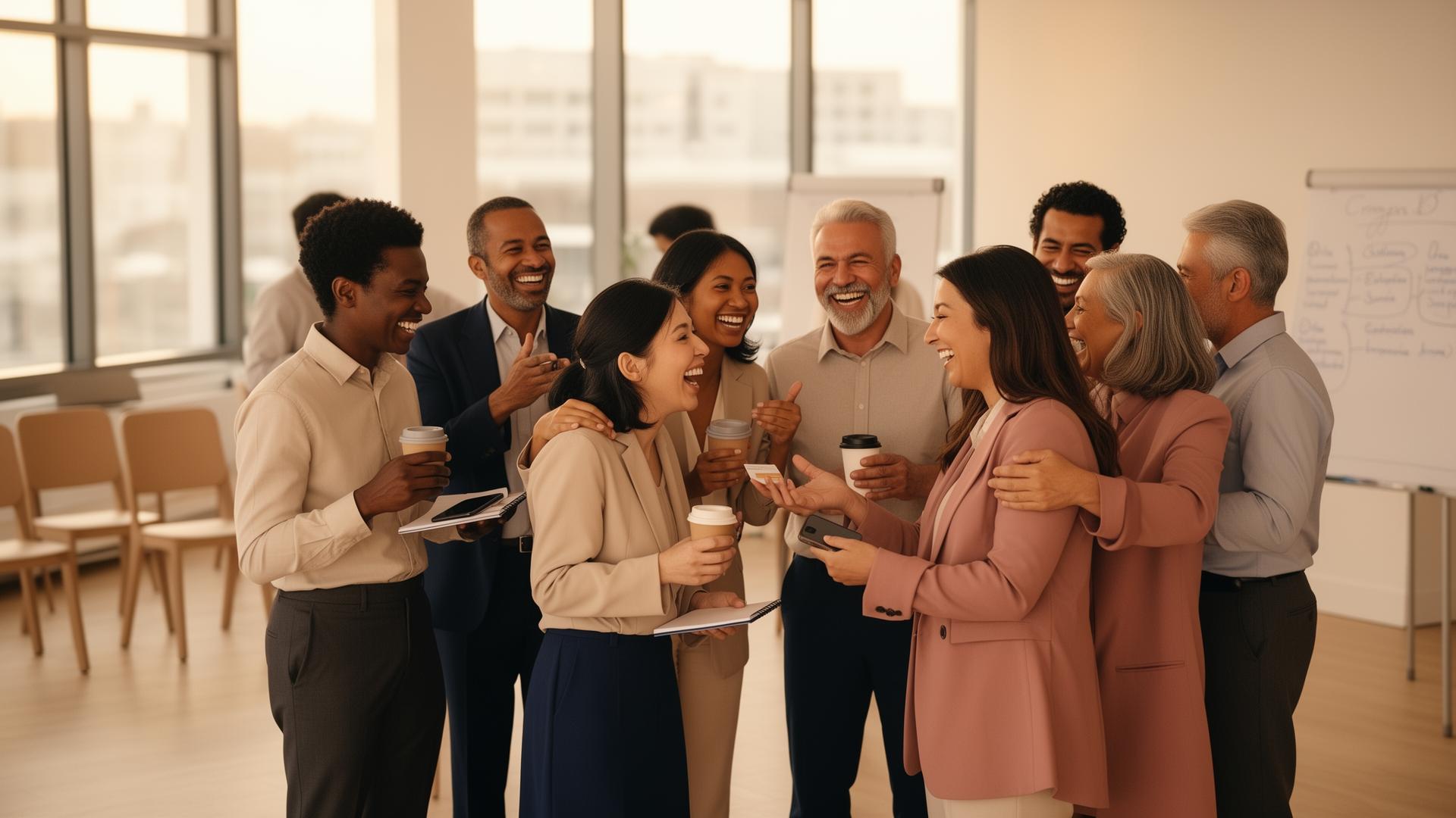 Happy, inspired HR professionals chatting after a successful training session