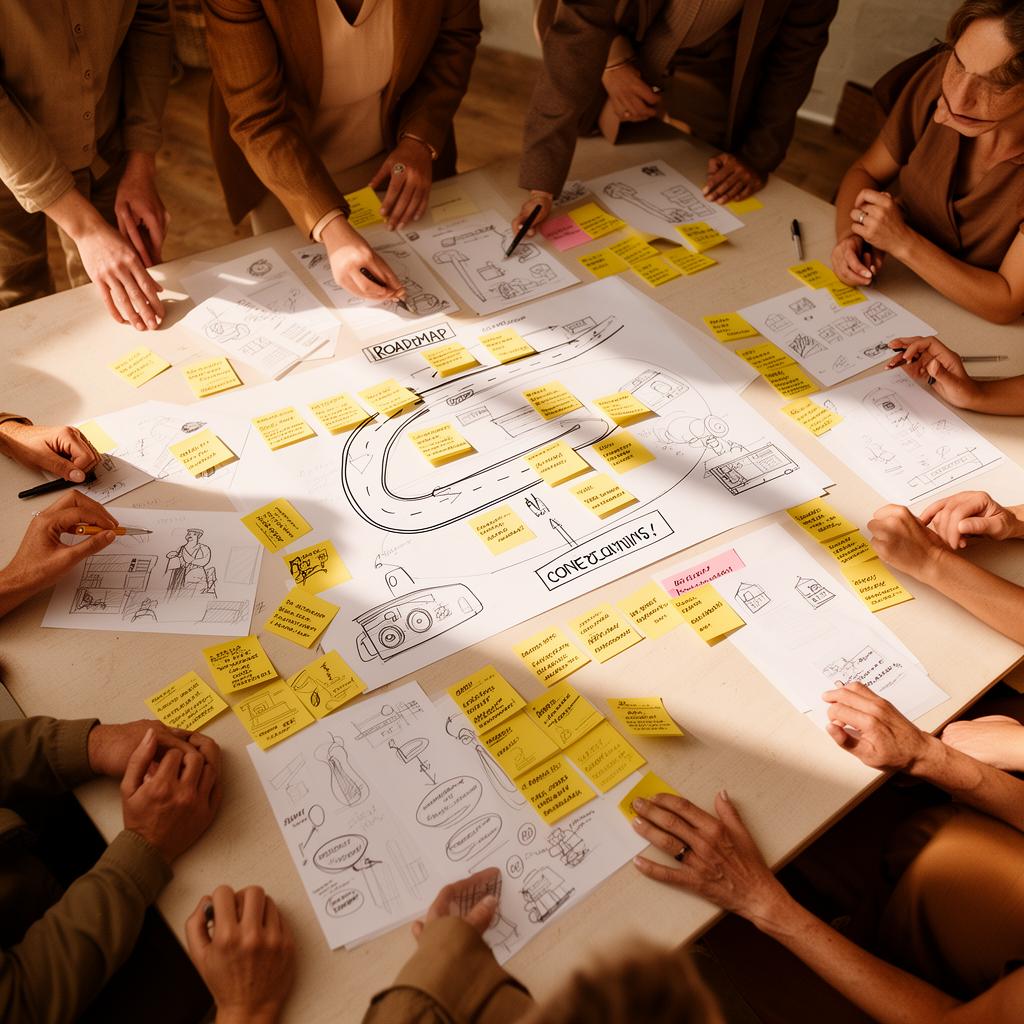 Hands collaborating around a table covered with sketches and sticky notes — change management planning