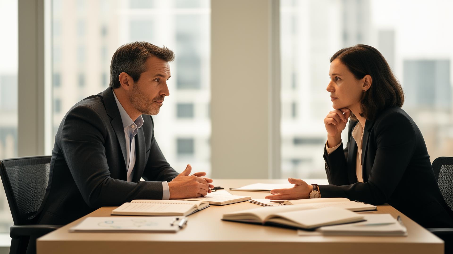 A leader and an HR expert at a table, discussing a company challenge