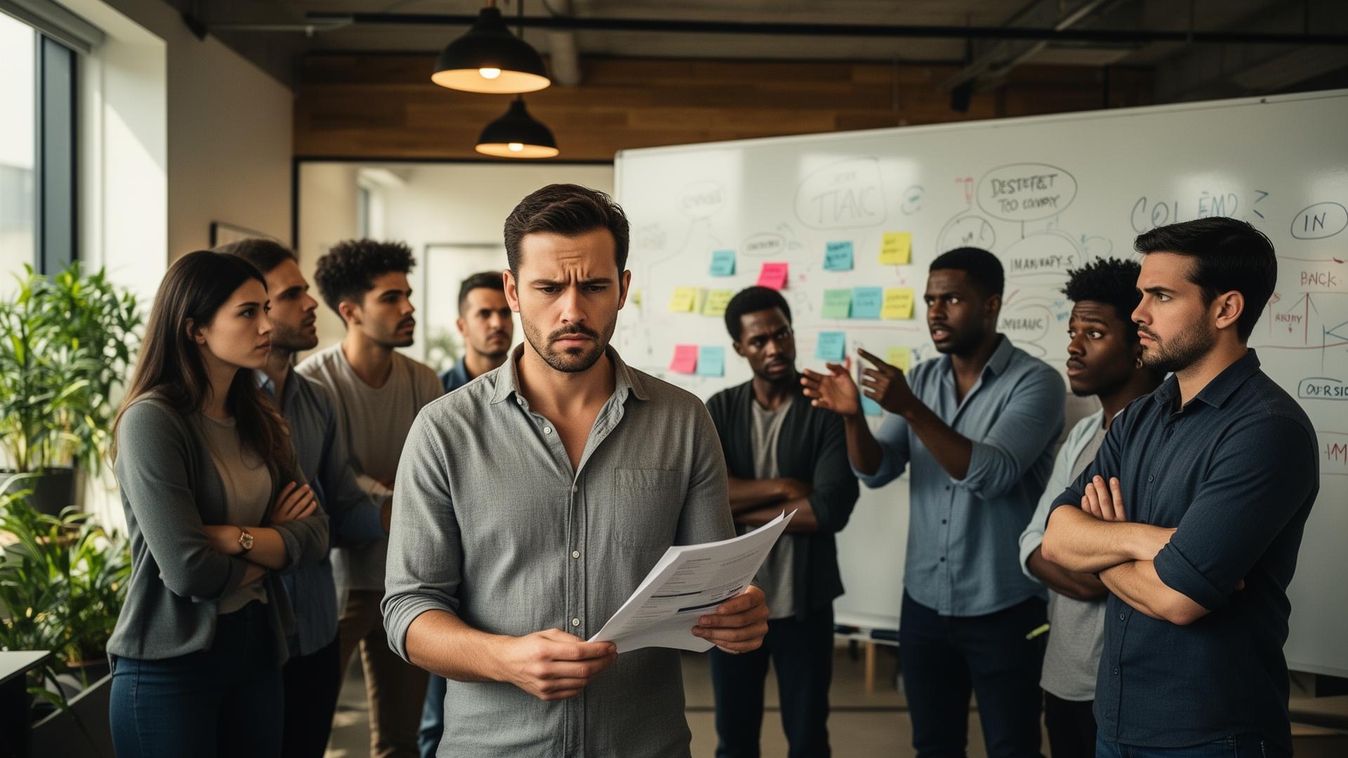 A growing team in a busy office gathered around a whiteboard during a tense moment
