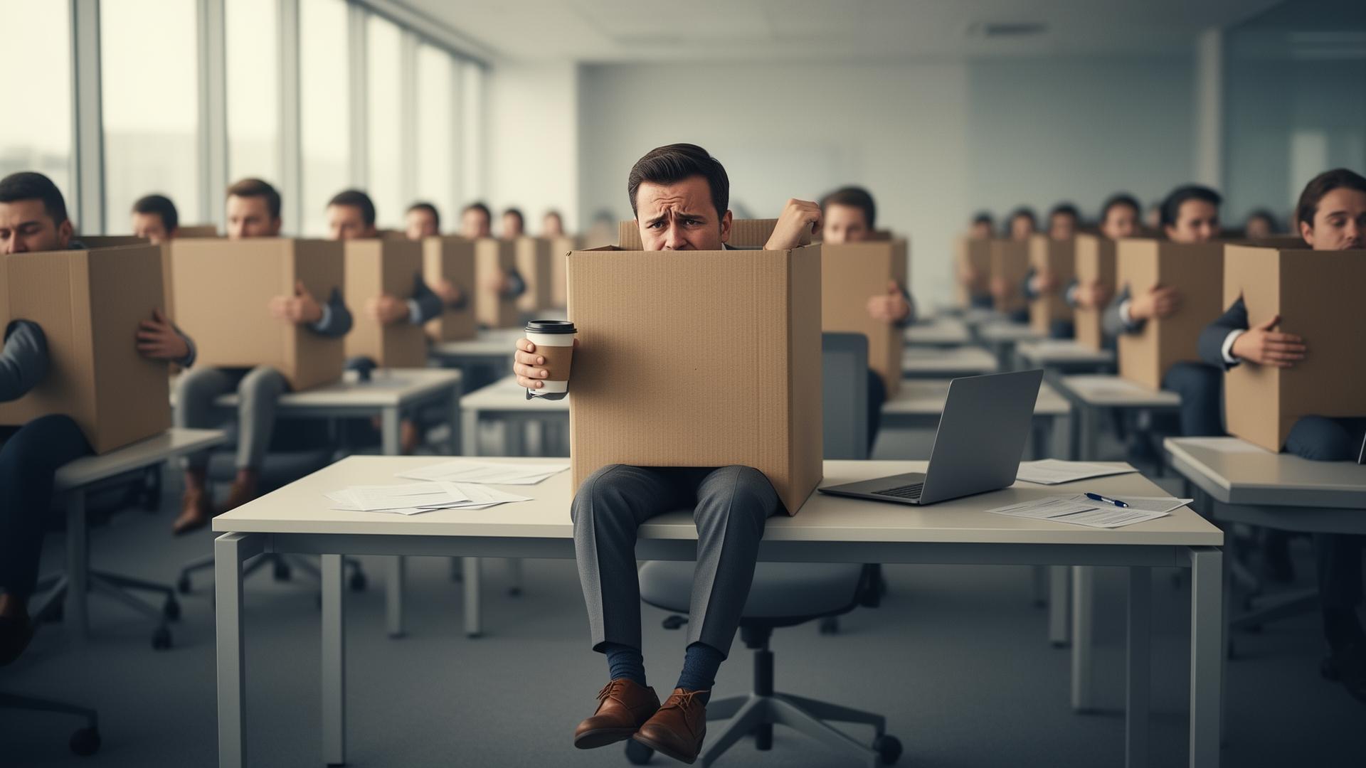Sad office worker squeezed into a too-small cardboard box, surrounded by others in the same situation