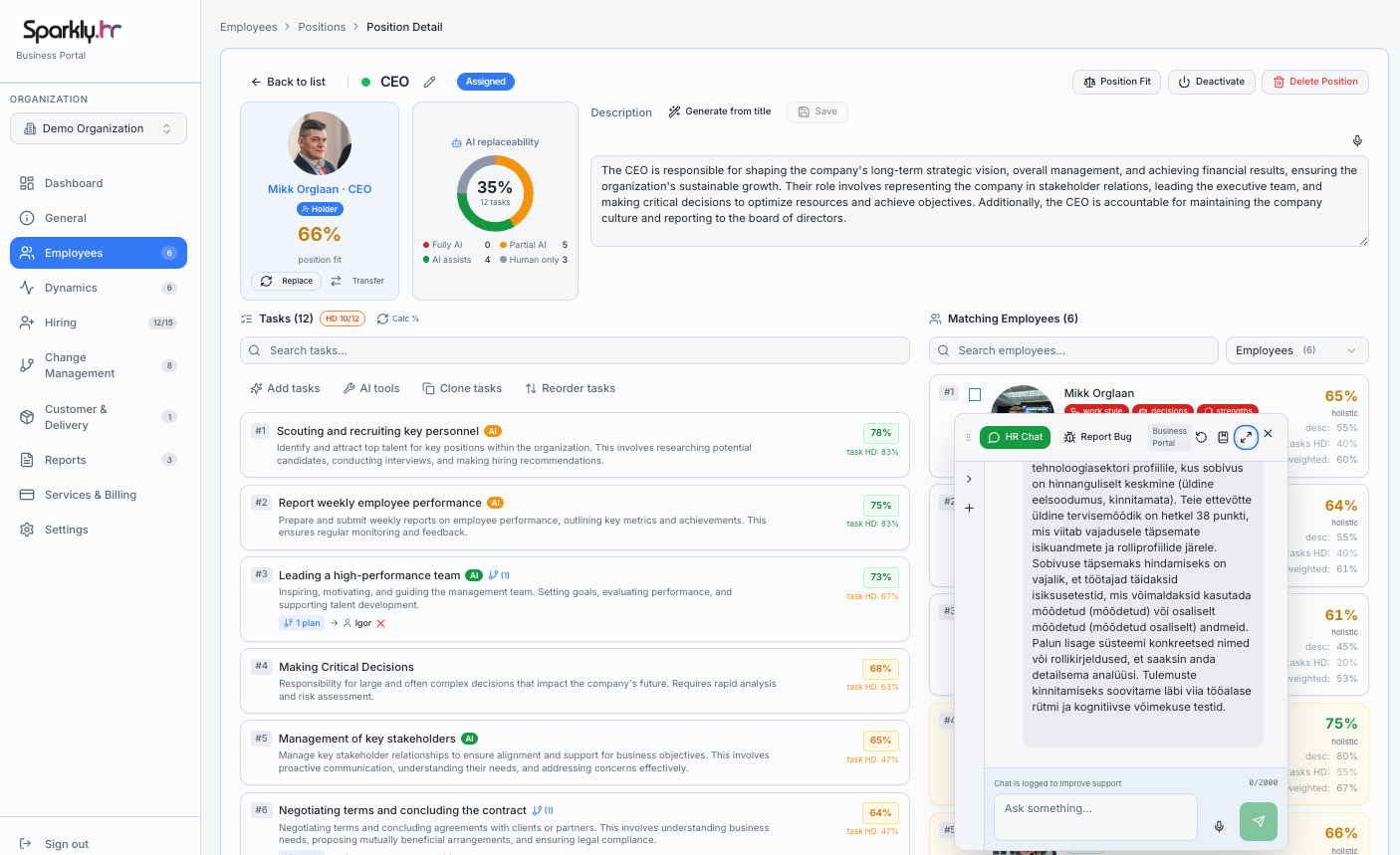 Sparkly Business Portal — green HR Chat next to a position