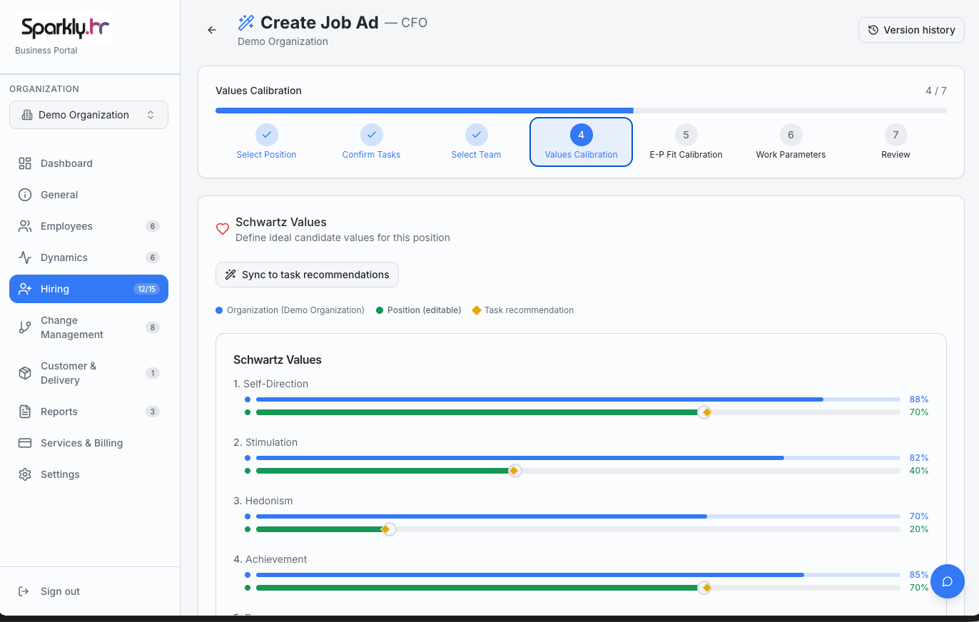 Sparkly Business Portal — Create Job Ad with Schwartz Values calibration