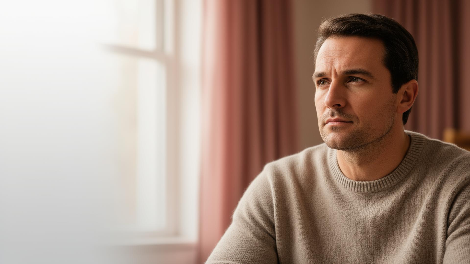 A professional sitting by a window, reflecting on a career change