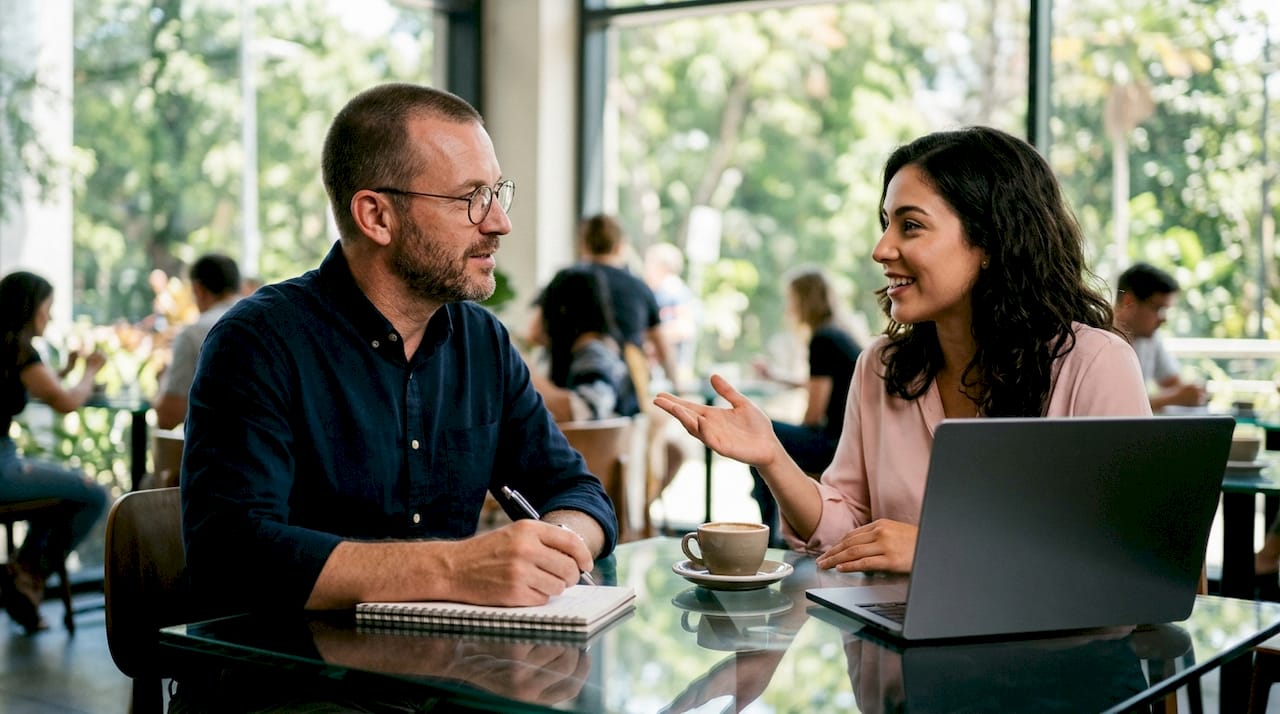 Recruiter and candidate in discussion at table