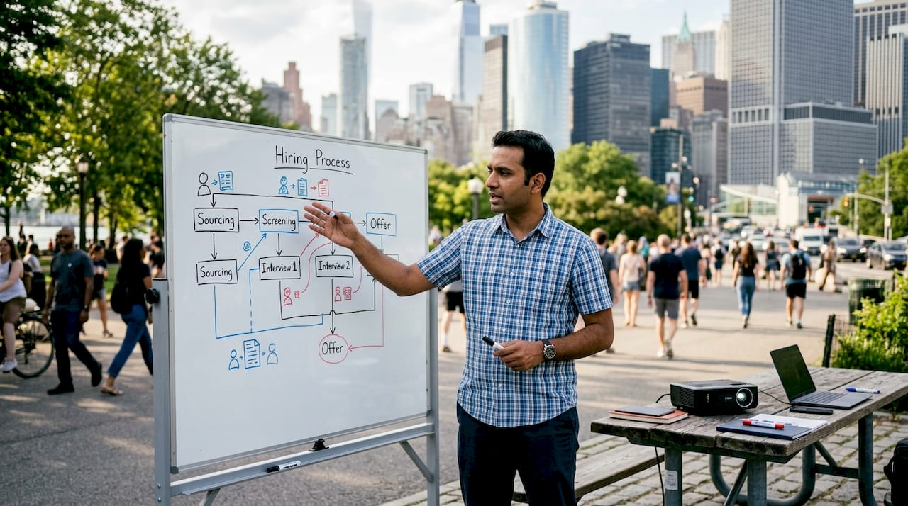 Recruiter explaining hiring process on whiteboard