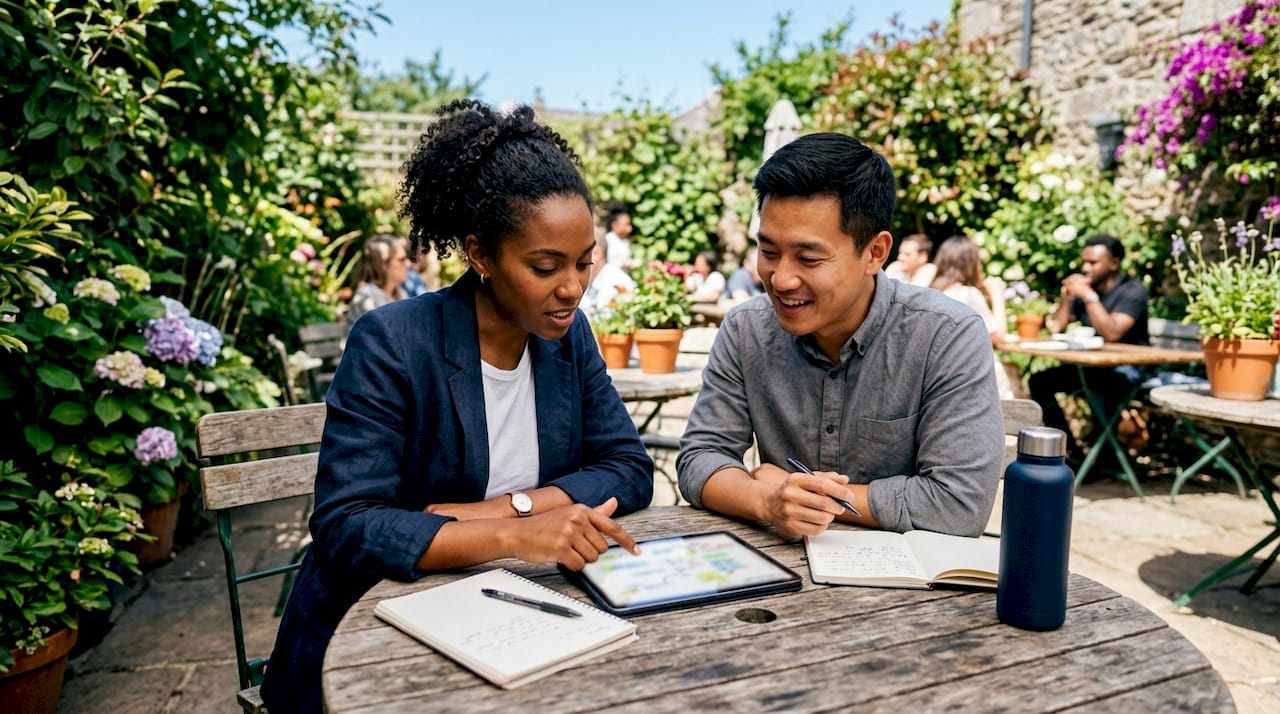 Professionals collaborating on AI recruitment workflow tablet