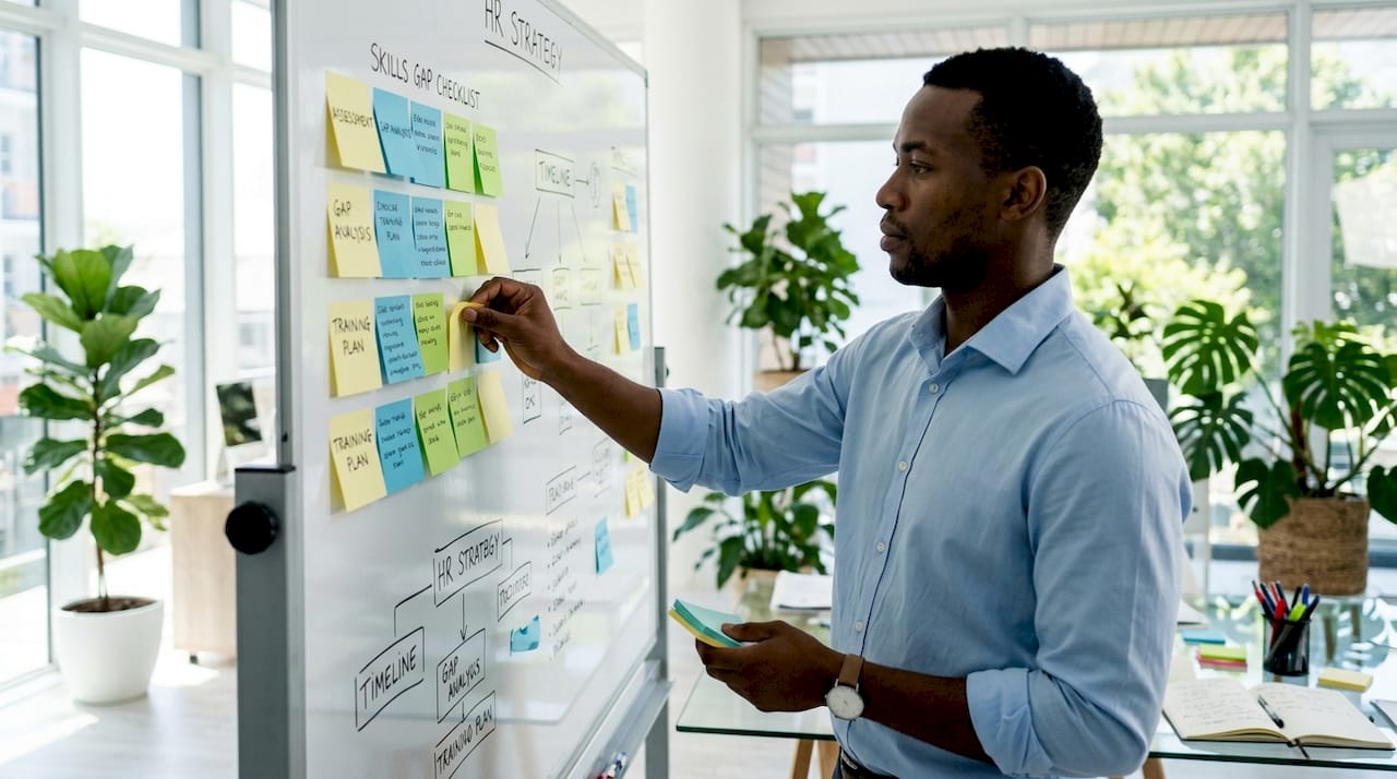 Hands placing sticky notes on skills gap checklist board