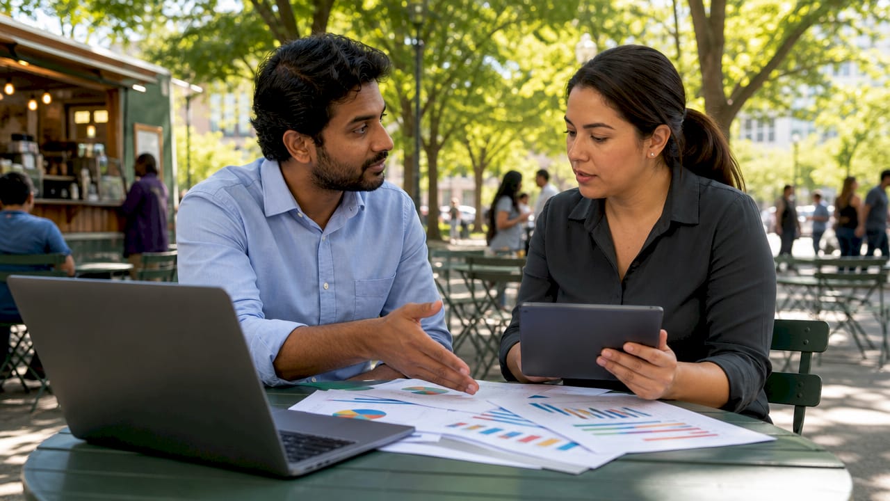 Two colleagues discussing HR functions in office nook