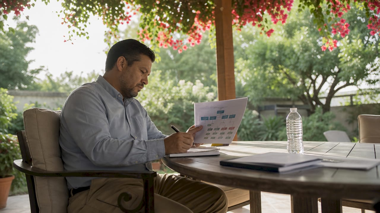 Man reviewing hierarchical structure diagram